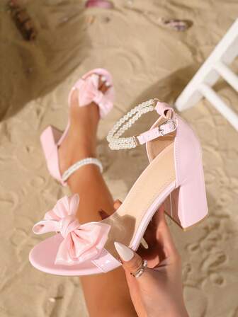 Summer Fashion Faux Pearl Bow Peep Toe High Heels, Pink Leather Strap Chunky Heel Sandals, Sexy Round Toe Super High Heel Shoes, Comfortable For Bride Wedding Party