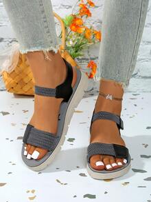 Sandálias femininas de tiras com , moda casual, cor sólida, plataforma, salto anabela, estilo boêmio, sandálias para áreas externas, com , para primavera e verão - Preto - Ver 3