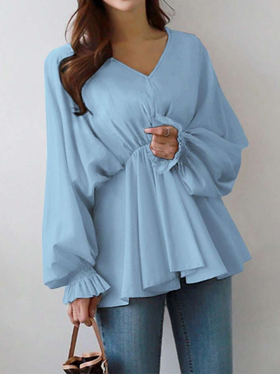 Women's Casual Asymmetric V-Neck Pleated Waist Loose Lantern Sleeve Long Sleeve Shirt, Spring/Summer - Blue - View 1