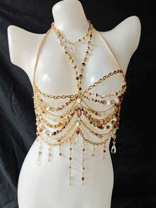 Unisex Sexy Body Chain, Pearl Necklace Lingerie, Alluring Exotic Transparent Bra Decor, Suitable For Party, Holiday, Nightclub, Music Festival - A - 查看 14