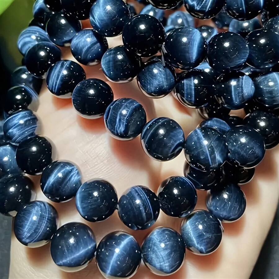 Natural Blue Tiger Eye Stone Beaded Bracelet | High Quality, True Color, Undyed, Lightning Pattern Stone Beads Stretch Jewelry | Bohemian Fashion Yoga Jewelry Gift For Men And Women | Dad/His Unique Birthday Gift - 8mm - 查看 1