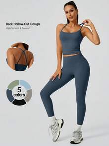 NcmRyu 1 Set Women's Blue Fashionable Halter Waist-Cinching Butt-Lifting Running Workout Sportswear Set - Blue - View 1