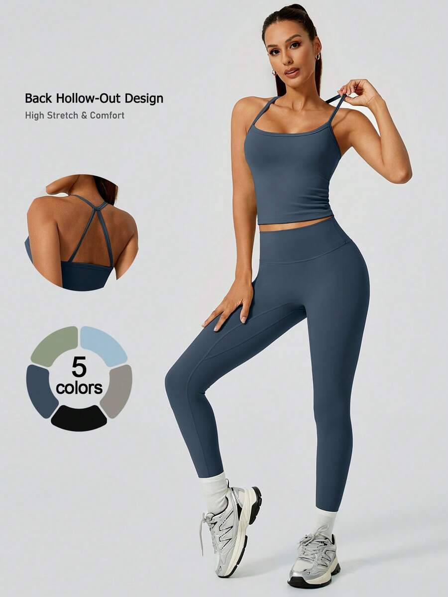 NcmRyu 1 Set Women's Blue Fashionable Halter Waist-Cinching Butt-Lifting Running Workout Sportswear Set - Blue - View 1