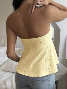 Women's Eyelet Slim Tube Tops Solid Color Tie Front Bandeau Ruched Cropped Tank Tops - Yellow - View 6