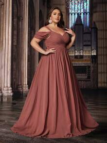 QOQ Elegant Style Solid Color Plus Size Bridesmaid Dresses Formal Dress Long Evening Gown Suitable Wedding, Formal Events Sweetheart Collar Crossed Strapless Chiffon Gowns - Coral Pink - View 4