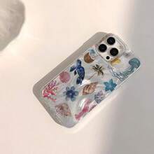 1pc Coconut, Ocean, Turtle, Seaweed, Beach Themed Creative, Minimalist, Fresh Coral Printed Gradient Feather, Laser Shiny Silver Phone Case Compatible With Samsung/Compatible With OPPO/Compatible With VIVO/Compatible With Honor//Compatible With Redmi/Transsion Phones - Multicolor - View 4