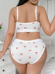 Women's White Cherry Wireless Sports Bra Set, Comfortable, Sweet, And Cute, Thin, Breathable, Plus Size Bra And Panties