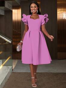 Women's Sweetheart Neck Ruffle Hem Flare Skirt, Suitable For Parties, Graduations, Back To School Occasions, Paired With Bell Sleeves - Mauve Purple - View 5