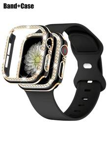 Set de 2 piezas Correa de reloj deportiva suave y cómoda de silicona para mujer con decoración de cristales de Bling y carcasa hueca glamorosa anti-caída, compatible con bandas de de 40/41/42/44/45/46/49mm, para Apple Watch Series Ultra/SE/11/10/9/8/7/6/5/4, accesorios inteligentes para relojes - Negro (sin reloj) - Ver 1
