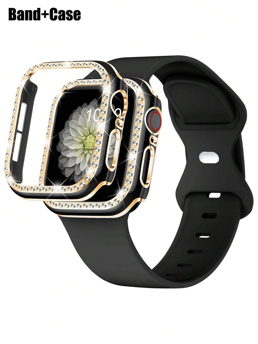 Set de 2 piezas Correa de reloj deportiva suave y cómoda de silicona para mujer con decoración de cristales de Bling y carcasa hueca glamorosa anti-caída, compatible con bandas de de 40/41/42/44/45/46/49mm, para Apple Watch Series Ultra/SE/11/10/9/8/7/6/5/4, accesorios inteligentes para relojes - Negro (sin reloj) - Ver 1