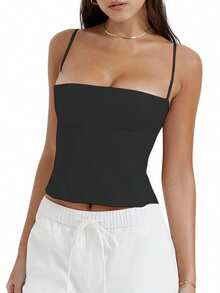 Women's Summer Fitted Cami Tops Solid Color Sleeveless Backless Cropped Going Out Tops - màu đen - Xem 2