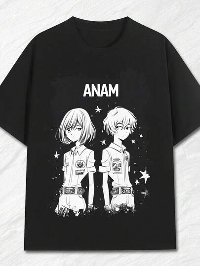 Camiseta gráfica para hombres con ilustración de anime Duo - Camiseta impresa de estilo moderno con diseño "ANAM", 100% algodón, cuello redondo suave y cómodo, 220g, manga corta, ajuste holgado, ideal para salidas casuales, camiseta de anime