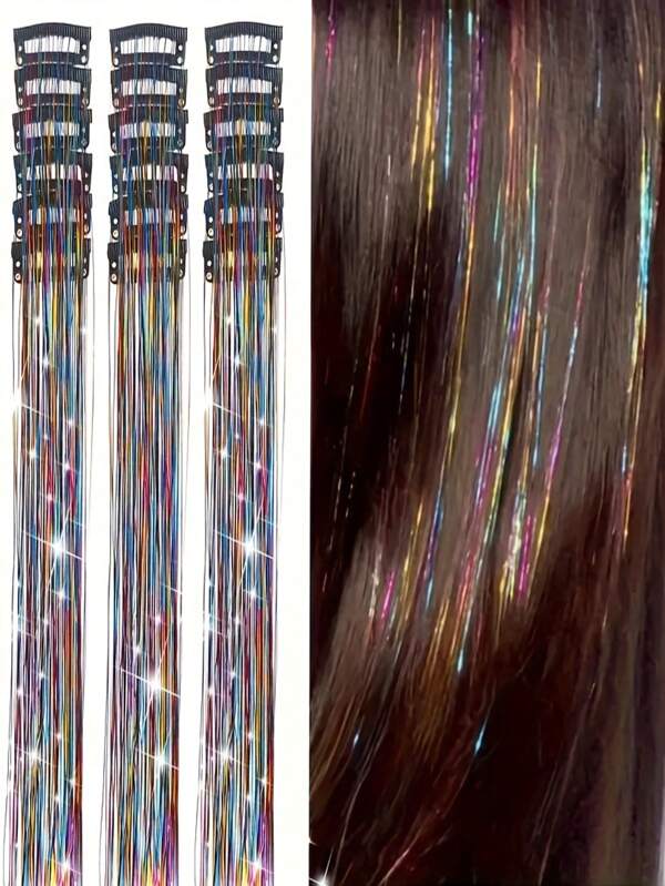 12 Pieces Clip In Medium Straight Synthetic Hair Extensions, Fashion Party Christmas Gift Women's Blonde Wire Hair Extensions Pieces 12 Pieces In A Pack, Clip In 20 Inch Colorful Glitter Hair Extensions, Holiday Gift Party Dazzling Hair Accessories