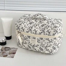 3pcs Makeup Bag Quilted Cosmetic Bag Silk Ribbon Large Floral Make Up Bag For Women Bow Cotton Makeup Bag Set Flower Travel Toiletry Bag - 黑與白 - 查看 3
