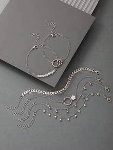 imoli 6pcs Set Vintage Style Metal Chain Circle Tassel Beaded Bracelet, Elegant Jewelry Gift For Women, Suitable For Daily Wear, Beach, Travel