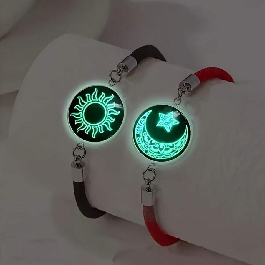 Fashion Couple Sun, Moon And Stars Boyfriend And Girlfriend Gift Box, Good Friends Combo Light Up Bracelet Set, Stainless Steel Sweatproof And Colorfast - 2件/套 - 查看 1