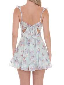 Women Y2k Lace Mini Dress Solid Color/Floral Print Ruffle Strap Short Formal Grad Dress Lace Up Backless A Line College Dresses Summer Back Tie-Up Backless Dress - Màu xanh Bạc hà - Xem 7
