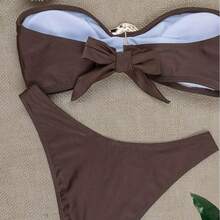 Women's Sexy Solid Pushup Bikini Set For Summer Beach Vacation - Coffee Brown - View 4