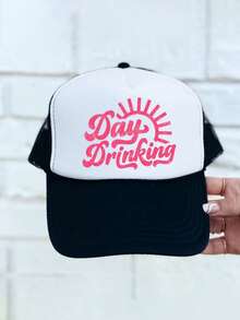 1pc Y2K Printed "Day Drinking" Drawstring Mesh Baseball Cap, Breathable Adjustable Golf Sun Hat, Unisex Summer Fashion Curved Brim Sun Hat - Baseball Cap - View 1