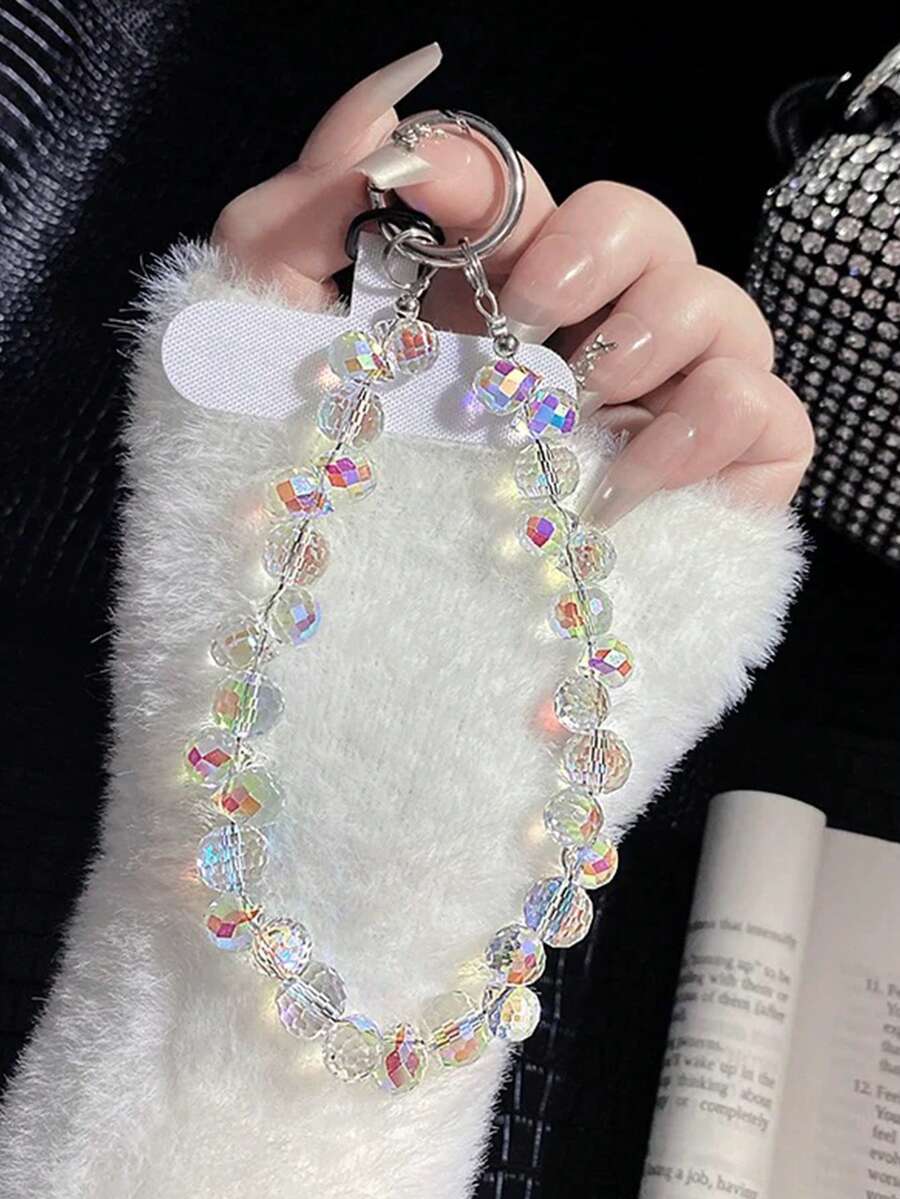 奢华白水晶珠便携式链条手链，带手机支架 - 时尚配饰，适合所有智能手机型号 - 白色 - 查看 1