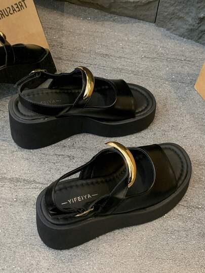Women's Fashion Party Open Toe Wedge Sandals With Metal Decor Buckle, Beach Shoes Platform Thick Sole