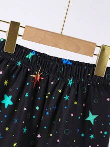 Girls' Summer Fashionable Cute Star & Unicorn Pattern Short Sleeve T-Shirt And Shorts Set, Suitable For Outdoor, Casual, Sports, Party