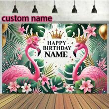1 buc fundal personalizat pentru petrecere de ziua de naștere cu flamingo, decor de perete tropical cu nume personalizat și accente aurii, nu necesită alimentare pentru sărbători în interior și în exterior, decorare flamingo