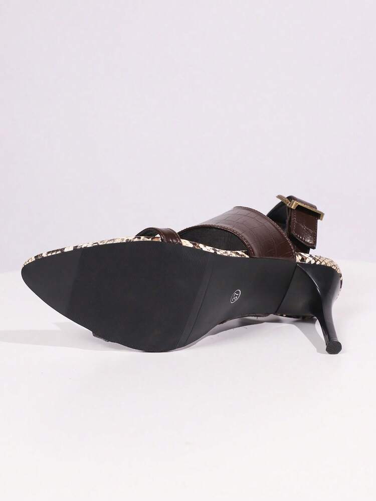 [Elegant | High Heels] Gold Metal Elegant Women High Heels | Ankle Strap, Minimalist Pointed Toe D'Orsay High Heels - Women's Classic Black Chunky Heel Roman Work Office Party Shoes, Anti-Slip Low Heel PU Leather Uppers, Rubber Sole - Coffee Brown - View 4