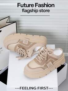 LISM 1 双女式网眼拼接一脚蹬穆勒凉鞋，厚底增高时尚百搭休闲鞋 - 卡其色 - 查看 5