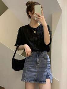 Women Casual Minimalist Textured Solid Color Short Sleeve Shirt