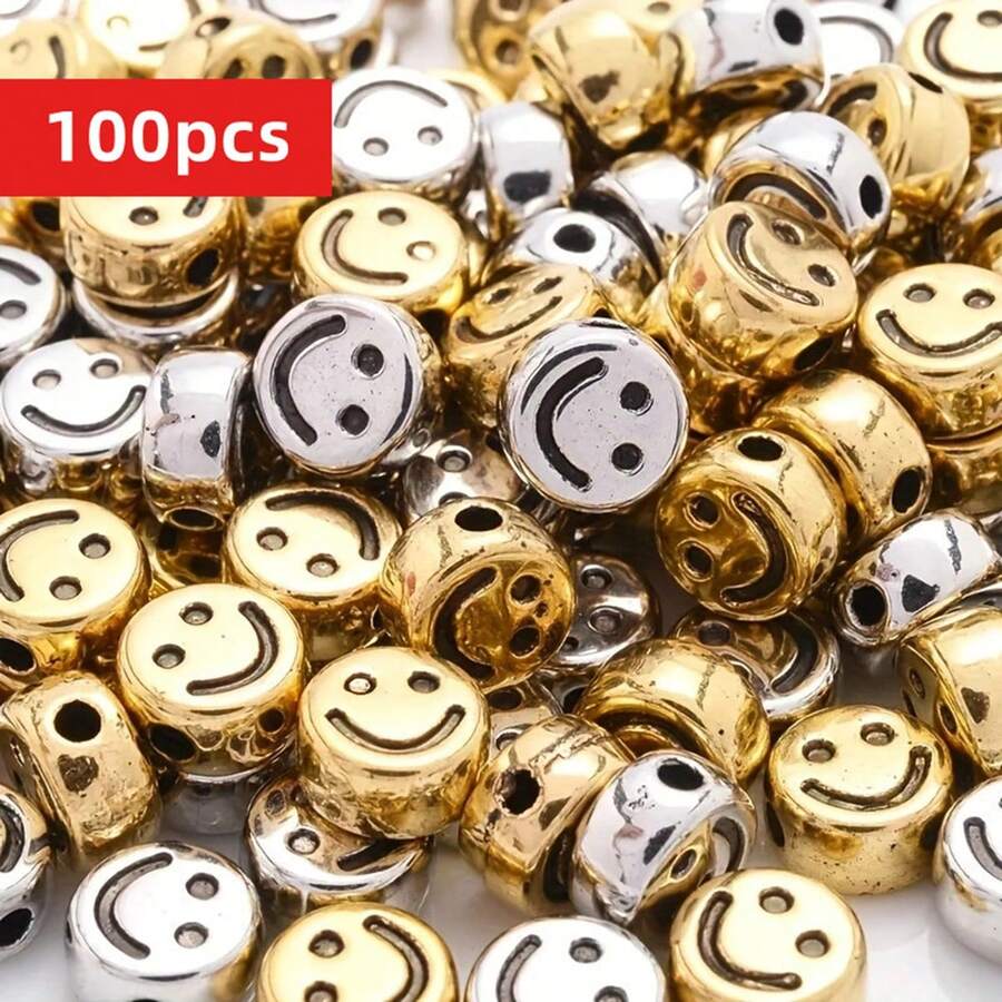 Yiwu Qiyou Accessories Co., LTD 100颗7毫米(0.27英寸)亚克力金色和银色笑脸珠子,DIY珠宝手链配件 - 7mm smiling face beads - 查看 1