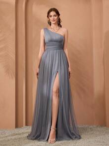 单肩不对称胸部褶皱腰镂空开叉下摆网眼长连衣裙 - 淺灰紫 - 查看 3