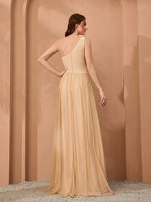 不对称单肩褶皱胸围、镂空腰部开衩超长连衣裙，带网眼细节 - 杏色 - 查看 2