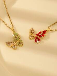 1pc Fashionable Cubic Zirconia Butterfly Pendant Necklace, Stylish & Charming Party Gift, Can Be Worn Alone Or Layered, Elegant For Daily Wear - Yellow Gold - View 4