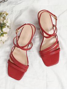 סנדלים אופנתיים לנשים עם עקב גבוה בצבע אדום דמוי עור, בוהן פתוחה עם רצועה מוצלבת ועקב בלוק לחוף הים/מסיבה - אדום - ראה 2