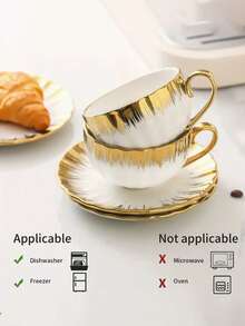 1pc High Capacity Coffee Cup Set, Ceramic Coffee Cup Set With Spoon, Cup & Saucer - 250ml/8.5oz Ceramic Tea Cup, Golden Iron Holder, Holiday Gift, Golden Coffee Cup, Suitable For Work, Daily Use, Home, Gathering, Local Warehouse, Kitchen Accessories, Cup