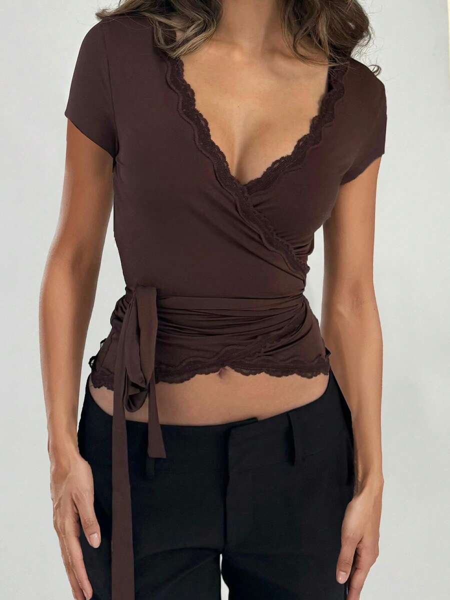 Women Deep V-Neck Short Sleeve Cross Wrap Top Slim Fit Casual Cropped Top Yoga Gym Bandage Workout Tie T Shirt - 棕色 - 查看 1