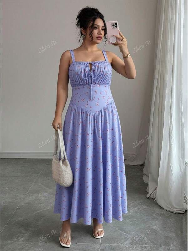 Plus Size Women Vacation Ditsy Floral Tie Front Ruffle Strap Dress