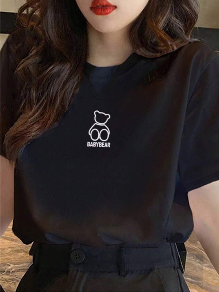 200g Pure Cotton T-Shirt 2025 Summer Ladies New Short Sleeve Pure Cotton Holiday Pattern Short Sleeve Round Neck Couple Wear Small Shirt Tops - 黑色 - 查看 1