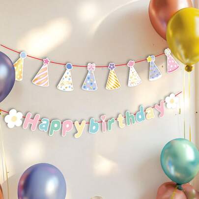 1pc Macaron Color Garland Banner For Birthday Party, Decorative Colorful Birthday Hat, Paper Material