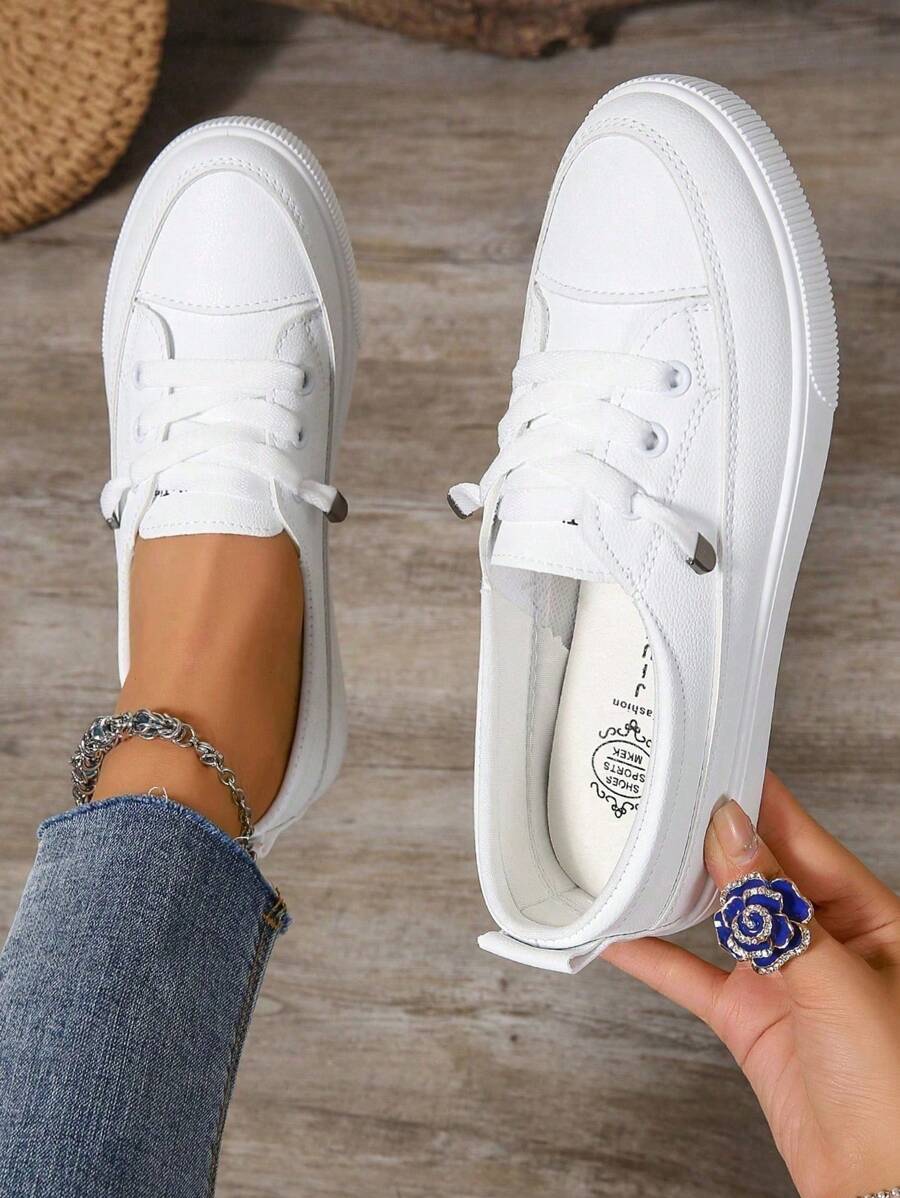 Fall/Winter Plus Size Women's School White Flat Fashion Sneakers, Lace-Up Casual Sport Shoes - White - View 1
