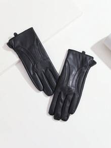 1 双纯色优雅休闲 PU 皮革刺绣全指触屏女士手套，成人时尚保暖手套，适合所有季节，秋冬季，户外骑行，仿羊皮 - A - 查看 2
