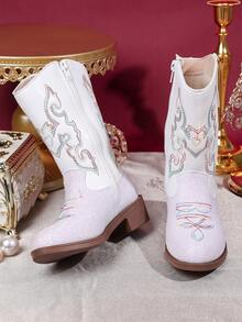 1双儿童火焰图案亮片饰边仿皮靴，中筒拉链，低跟，西部牛仔风格，适合休闲/派对穿着 - 白色 - 查看 2