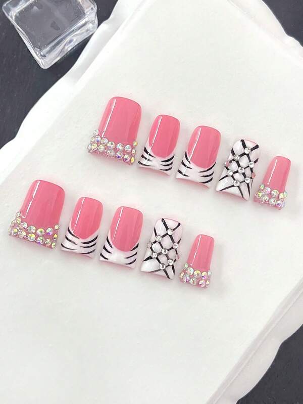10 pièces/set Ongles de canard faits main de style français Ongles acryliques roses peints à la main avec bec de canard. Avec strass. Convient aux femmes et aux filles, pour les fêtes et le port quotidien