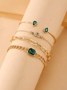4 Stücke/Set Armband-Set mit Smaragd und quadratischen Strasssteinen in Schlangenkette, Damen Armband Set, für den täglichen Gebrauch geeignet