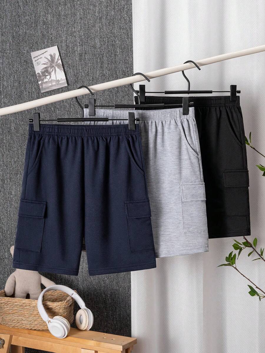 3 件套青少年男孩多口袋休闲工装短裤，适合日常穿着、度假和运动
