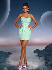 Anymoon Cute 3D Handmade Floral Decor Formal Prom Dress, Suitable For Graduation, Homecoming, Party, Cocktail Party And Wedding Occasions. - Green - View 4