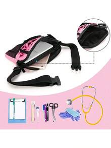 Nurse Fanny Pack With Tape Holder , Multi Compartment Medical Gear Pocket Nurse Organizer Belt Bag , Apron Hip Bag Utility Waist Pack For Stethoscopes Bandage Scissors Supplies ( Black/Pink ) - Pink - View 10