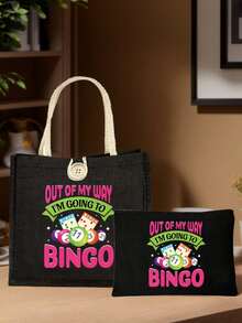 Billiards Lottery Theme Handbag Set, Bingo Ladies Handbag And Wallet Set, Includes Handbag And Coin Purse, Large Capacity Women's Bag, Fabric Material, Washable, Lined, Casual Shoulder Design, Printed With "I Want To Play Bingo" Slogan, Lottery Themed. - Multicolor - View 5