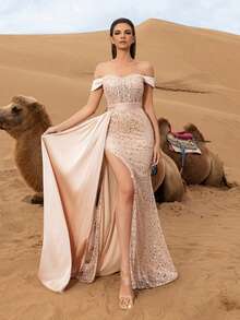 Faeriesty Rochie de seară elegantă, cu paiete și mărgele - siluetă de sirenă, cu umeri goi, talie cu curea, detalii asimetrice cu crăpături înalte, pentru galele de covor roșu, nunți de lux, evenimente de seară formale